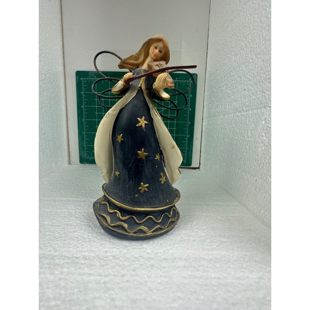 Angel Figurine Playing Violin Black Metal Wings Gold Stars Greenbrier Home Decor